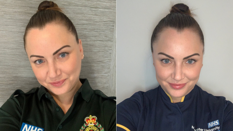 Two heads shots of Emma Orton, one she is wearing an NWAS green uniform and in the she is wearing blue nurses scrubs.