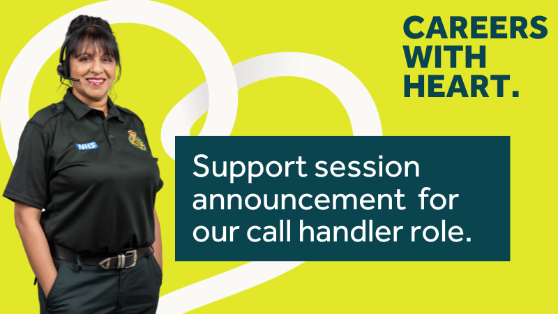 Call handler standing next to a text panel that reads 'Careers with Heart, support session announcement for our call handler role.' against a background with yellow and white abstract design.