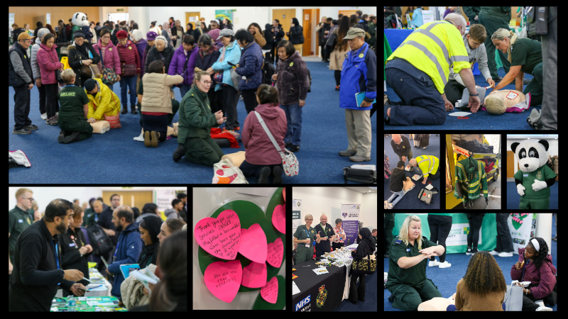 A collage of diverse community engagement activities featuring training sessions, interactive demonstrations, and information booths. THis includes a character in a panda costume and attendees engaged in CPR training, safety gear examination, and discussion at informational stands.