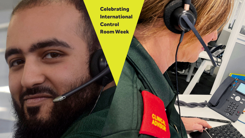 Two control room individuals wearing headsets, one with a 'Clinical advisor' badge, celebrating International Control Room Week.