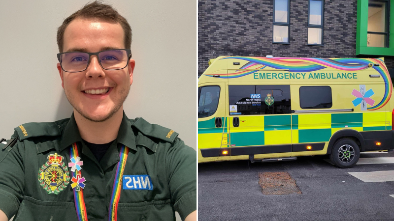 A paramedic in uniform and a wrapped ambulance with the pride colours