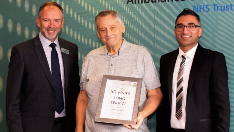 Dave Sullivan celebrating 50 years of service with Chairman Peter White and Deputy Chief Executive Salman Desai.