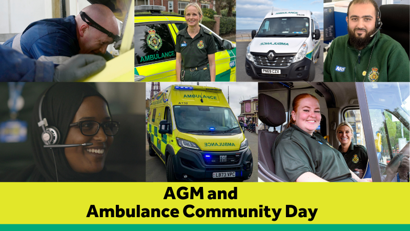 A collage showcasing various ambulance service personnel at work with "AGM and Ambulance Community Day" text displayed, emphasising a community engagement and public health event.