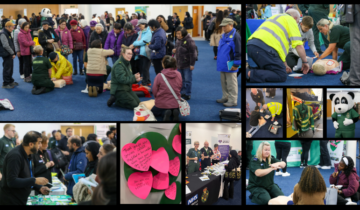 A collage of diverse community engagement activities featuring training sessions, interactive demonstrations, and information booths. THis includes a character in a panda costume and attendees engaged in CPR training, safety gear examination, and discussion at informational stands.