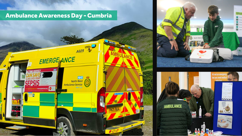 Collage of three images relating to the ambulance service. Left: Brightly colored ambulance parked outdoors with mountains in the background. Top right: Two individuals practicing first aid outside an ambulance. Bottom right: Two individuals engaging with educational materials at an indoor booth.