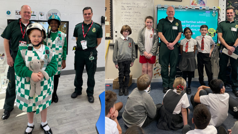 Split screen showing paramedics visiting two classrooms where to the left students are dressed in ambulance service kits, and to the right paramedics engaging and interacting with the children.