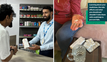 two pictures. Left picture, a man buying medication from a pharmacist. Second image of a womans hand holding medication