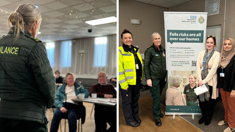 two photos: On the left a female paramedic talking to older people. Photo two a police officer, paramedic and two pharmacists stood next to a falls prevention banner.