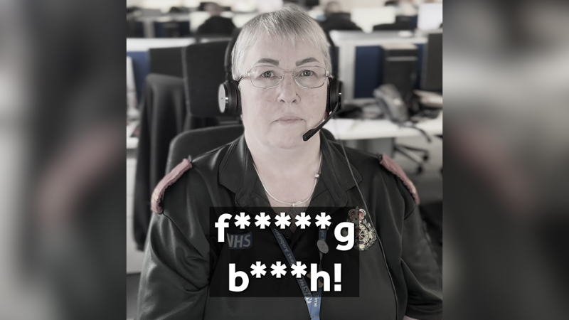 A lady with short hair and glasses, wearing a green uniform and a headset. The subtitles on the image display 'f*****g b***h!'