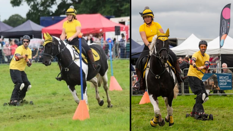 Two photos side-by-side of participants in a horse-mounted games competition. Both show a rider on a black and white horse with a teammate being pulled behind on an adapted skateboard, both wearing yellow shirts.