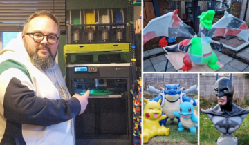 Four images - Main photo of Kris a man with glasses and a beard pointing at a £D printing machine. Other three photos are a dragon, batman and a trio of Pokemon characters he has made.