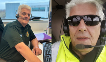 Two images of a person in uniform, working in different roles. On the left, they are inside wearing a headset and a dark green shirt On the right, they are in a high-visibility jacket and sunglasses, also wearing a headset.