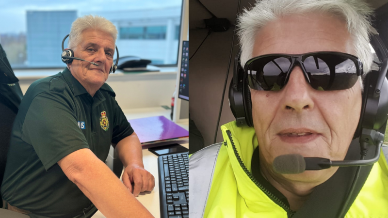 Two images of a person in uniform, working in different roles. On the left, they are inside wearing a headset and a dark green shirt On the right, they are in a high-visibility jacket and sunglasses, also wearing a headset.