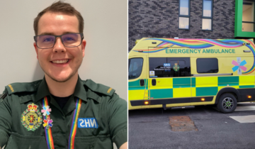 A paramedic in uniform and a wrapped ambulance with the pride colours