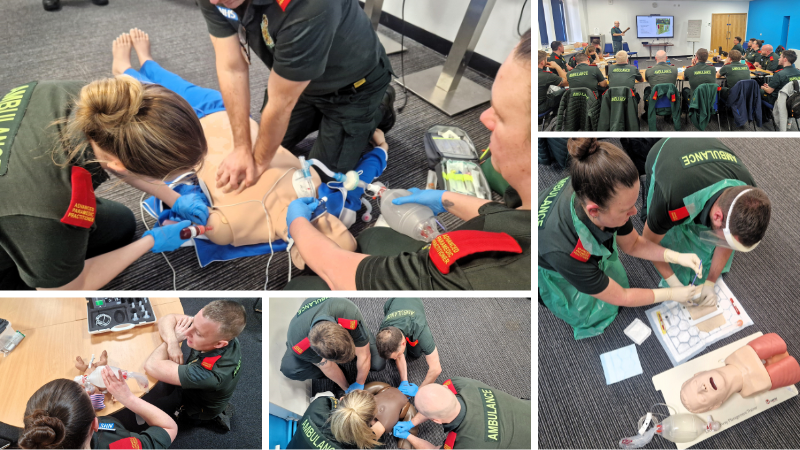 collage of photos of ambulance staff completing training, including practicing CPR