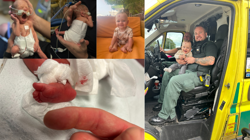 A collage of five images featuring a baby in different settings including in a medical setting with medical sensors and bandages, with his dad in the cab of an ambulance and on an orange chair smiling.