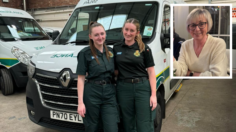 Sisters Katie and Niamh stand arm in arm in front of a white ambulance. Insert is a head and shoulder image of their mum, Wendy, who is wearing a cream jumper.