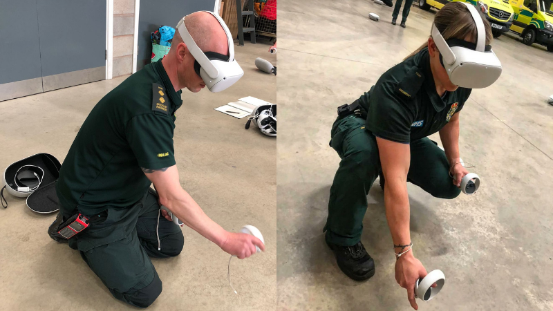 Paramedics with virtual reality headsets testing training with them.